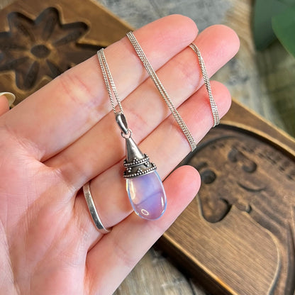 Sterling Silver Bali Ornate Opalite Drop Pendant Necklace