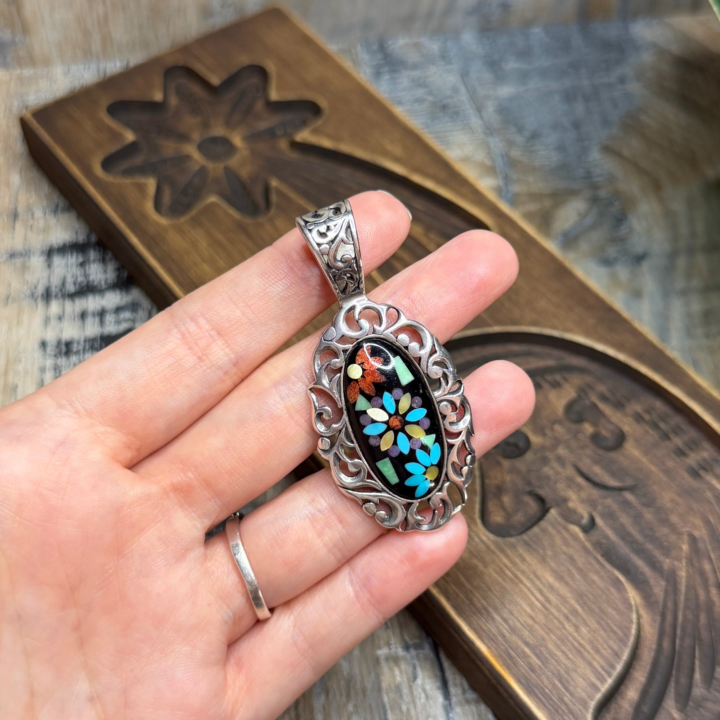 Carolyn Pollack Relios Southwestern Ornate Sterling Silver Floral Gemstone Pendant