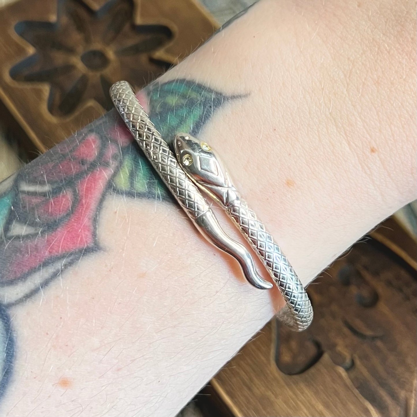 Beautiful Designer Sterling Silver Snake Serpent Ornate Cuff Bangle