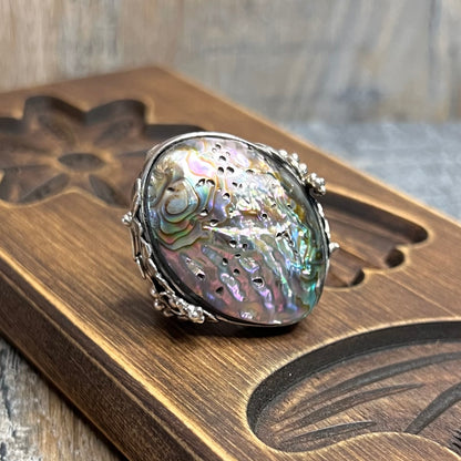 Dreamy Large Artisan Sterling Silver Abalone Shell Floral Ornate Ring size R 1/2