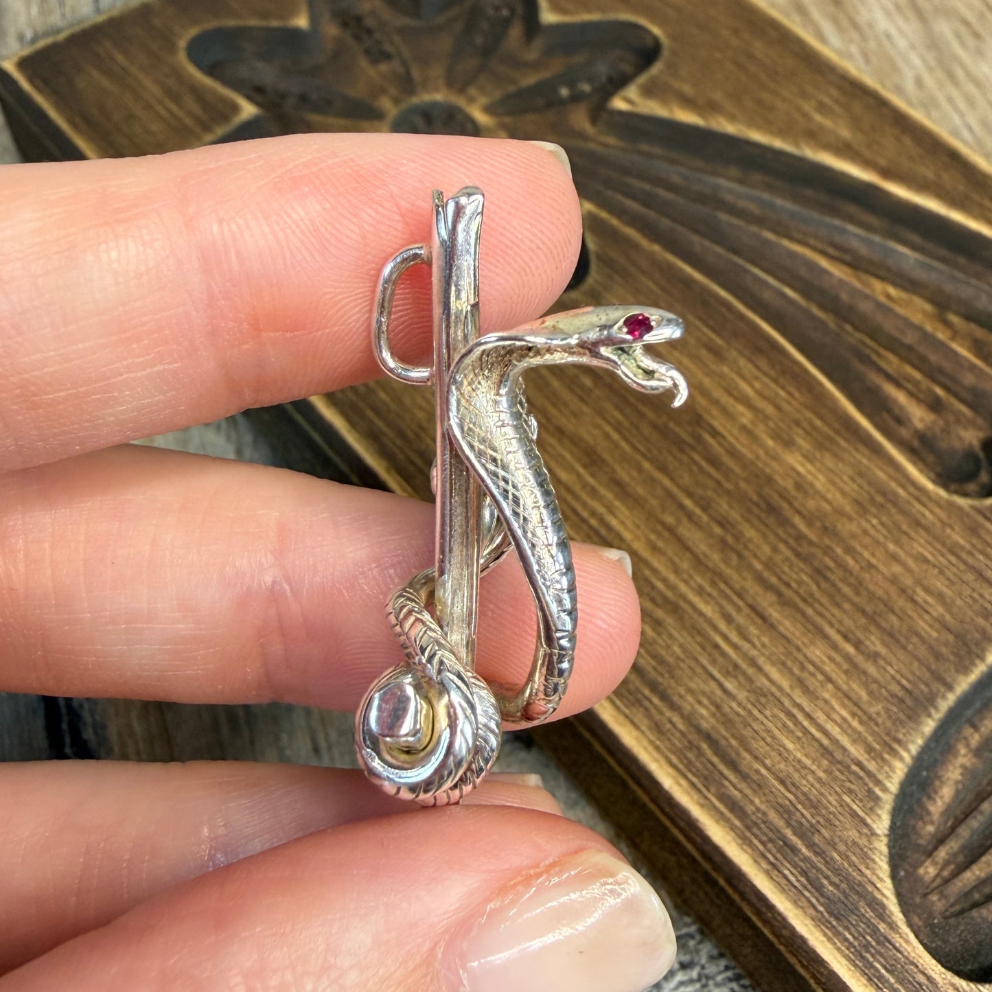 Stunning Artisan Sterling Silver Chunky Ruby Eyed Coiled Snake Pendant