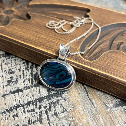 Chunky Sterling Silver Abalone Shell Solid Pendant Necklace