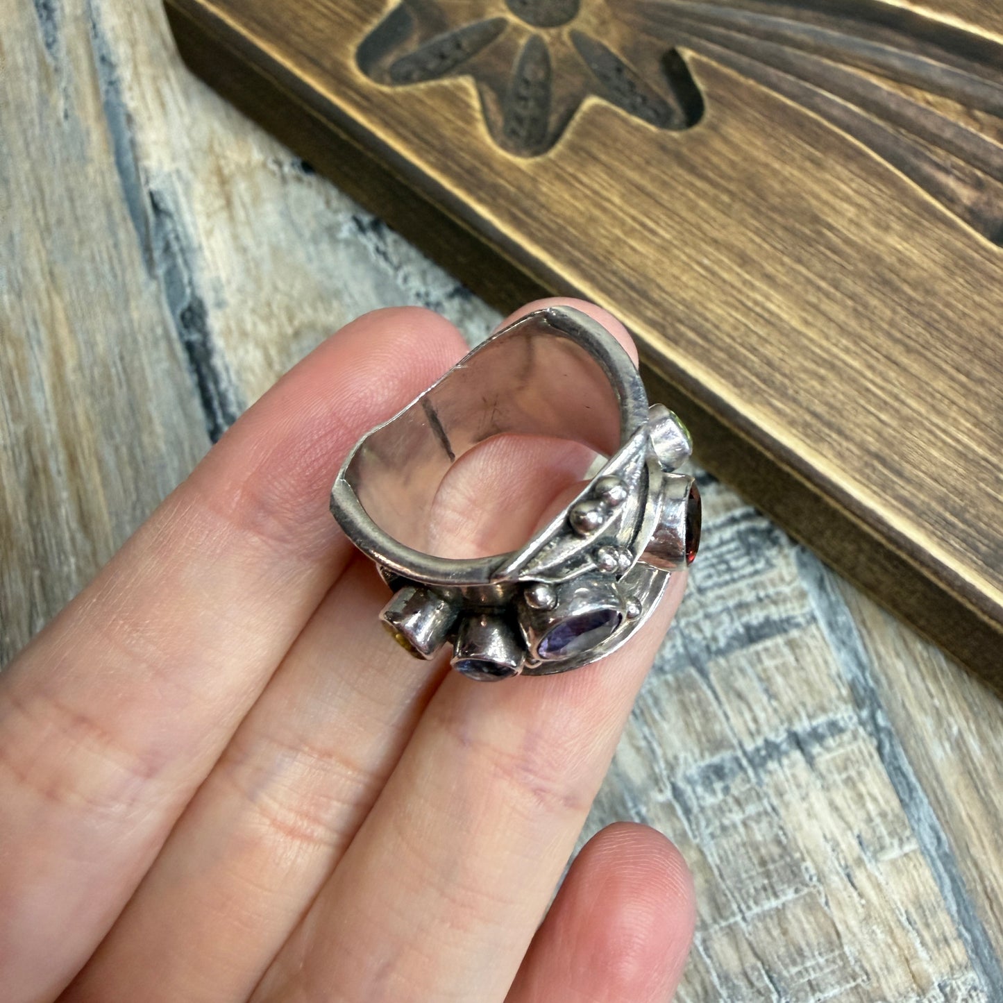 Unusual Sterling Silver Chunky Multi Gemstone Cut Out Ring size M