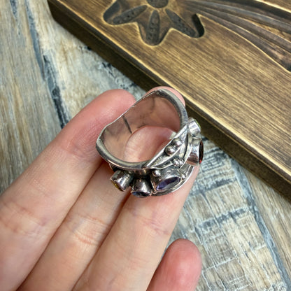 Unusual Sterling Silver Chunky Multi Gemstone Cut Out Ring size M