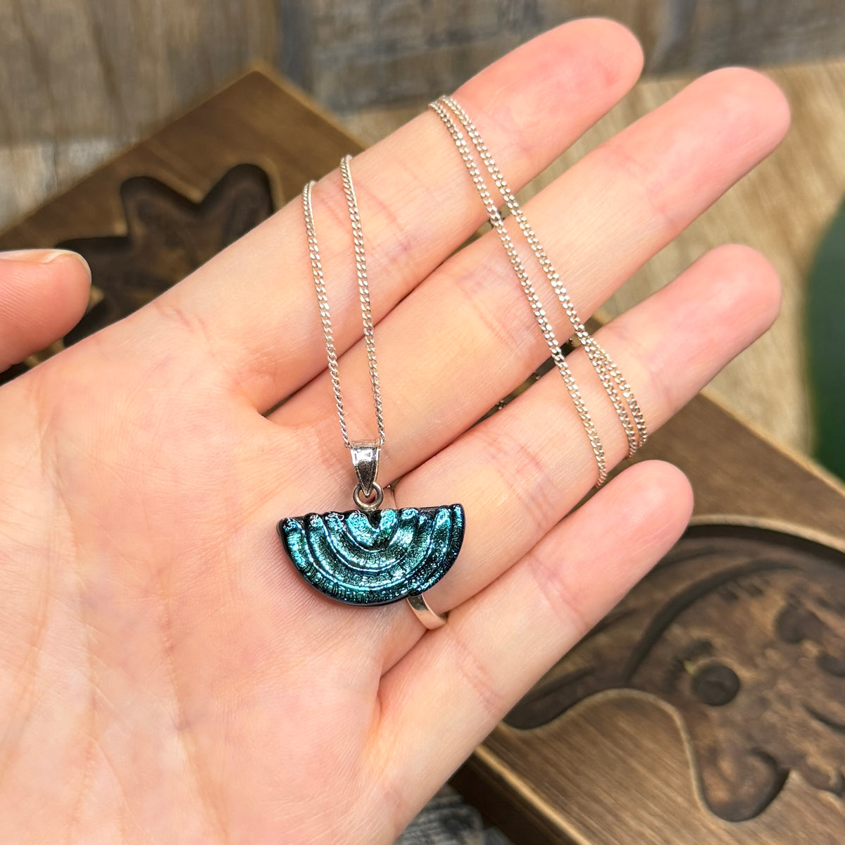 Celestial Sterling Silver Art Glass Half Moon Pendant Necklace
