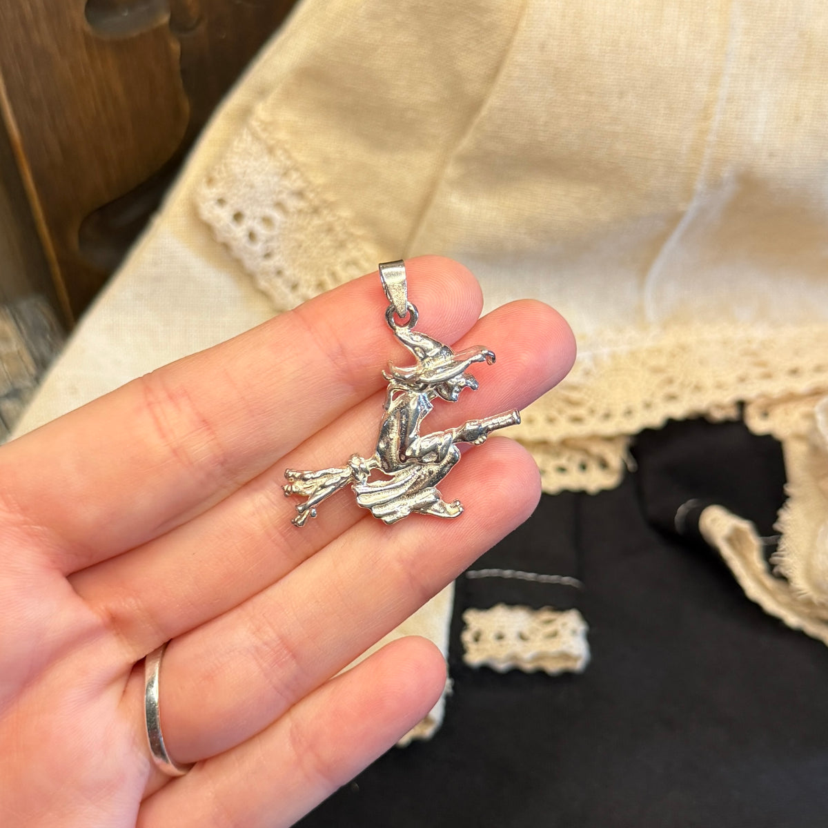 Spooky Sterling Silver Witch Flying on a Broom Pendant