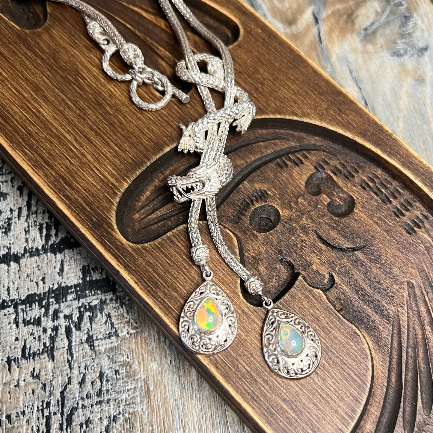 Chunky Sterling Silver Bali Dragon With Ethiopian Opal Dropper Necklace