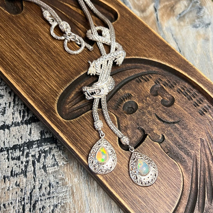 Chunky Sterling Silver Bali Dragon With Ethiopian Opal Dropper Necklace