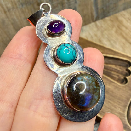 Magical Sterling Silver Labradorite Turquoise Amethyst Trio Pendant